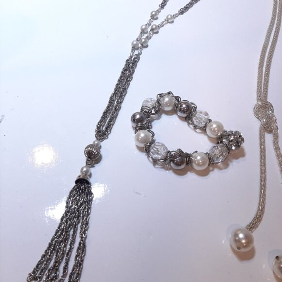 4Pc Set Faux Pearl Silver Chain Jewelry Lariat Knot Necklace Bracelet Tassel - Picture 6 of 13